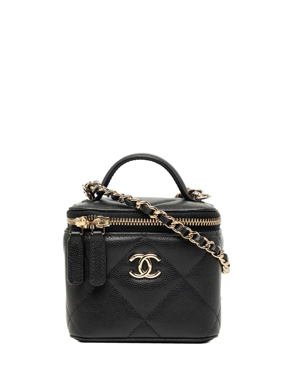 CHANEL Pre-Owned Trousse CC mini in pelle Caviar trapuntata con manico e catena 2021-2026 - Nero