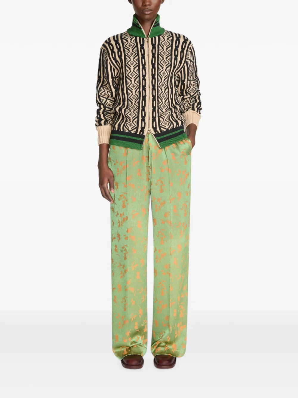 DRIES VAN NOTEN Geometric-pattern Zip-up Cardigan in Neutrals, view 2