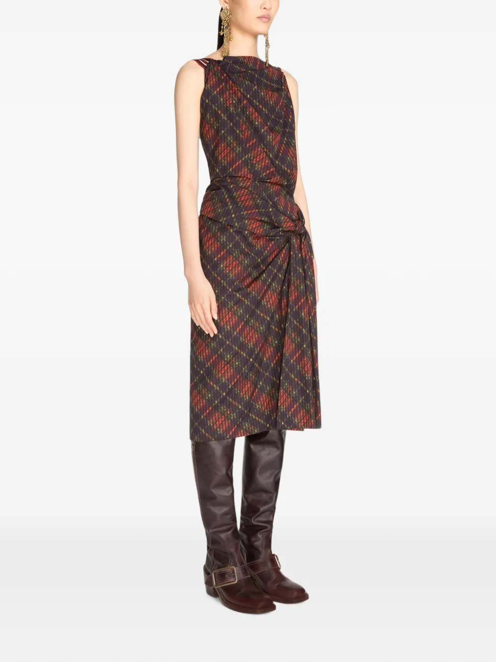 DRIES VAN NOTEN Draped Gingham Dress in Black, view 3
