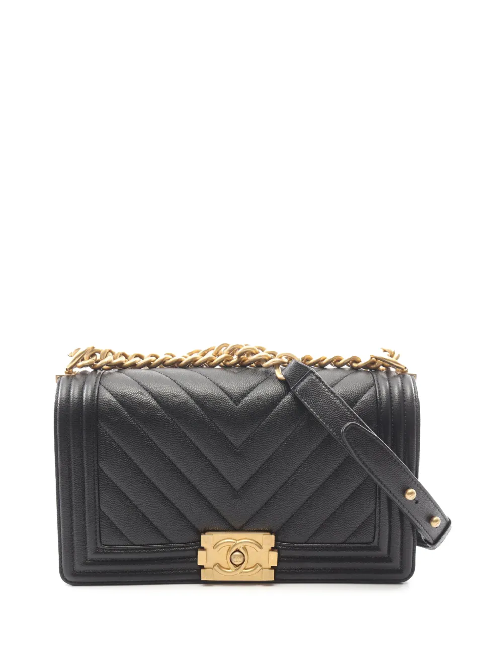 CHANEL Pre-Owned Borsa a tracolla Boy media in pelle Caviar con motivo chevron 2021-2026 - Nero