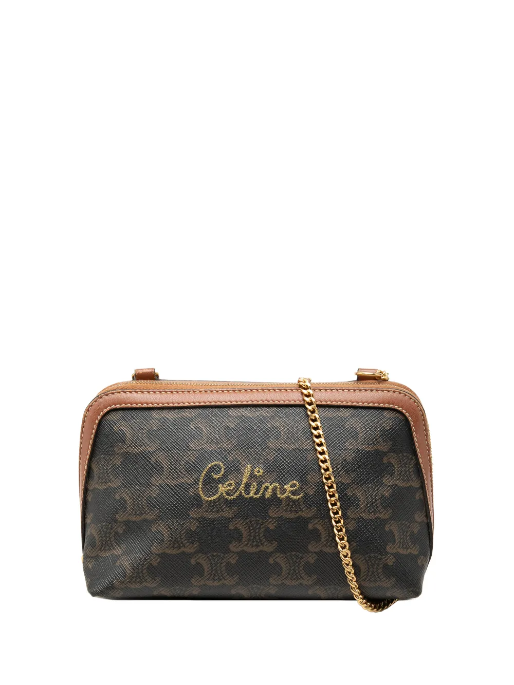 Celine Pre-Owned Borsa a tracolla Triomphe in tela cerata con ricamo e catena 2020 - Marrone