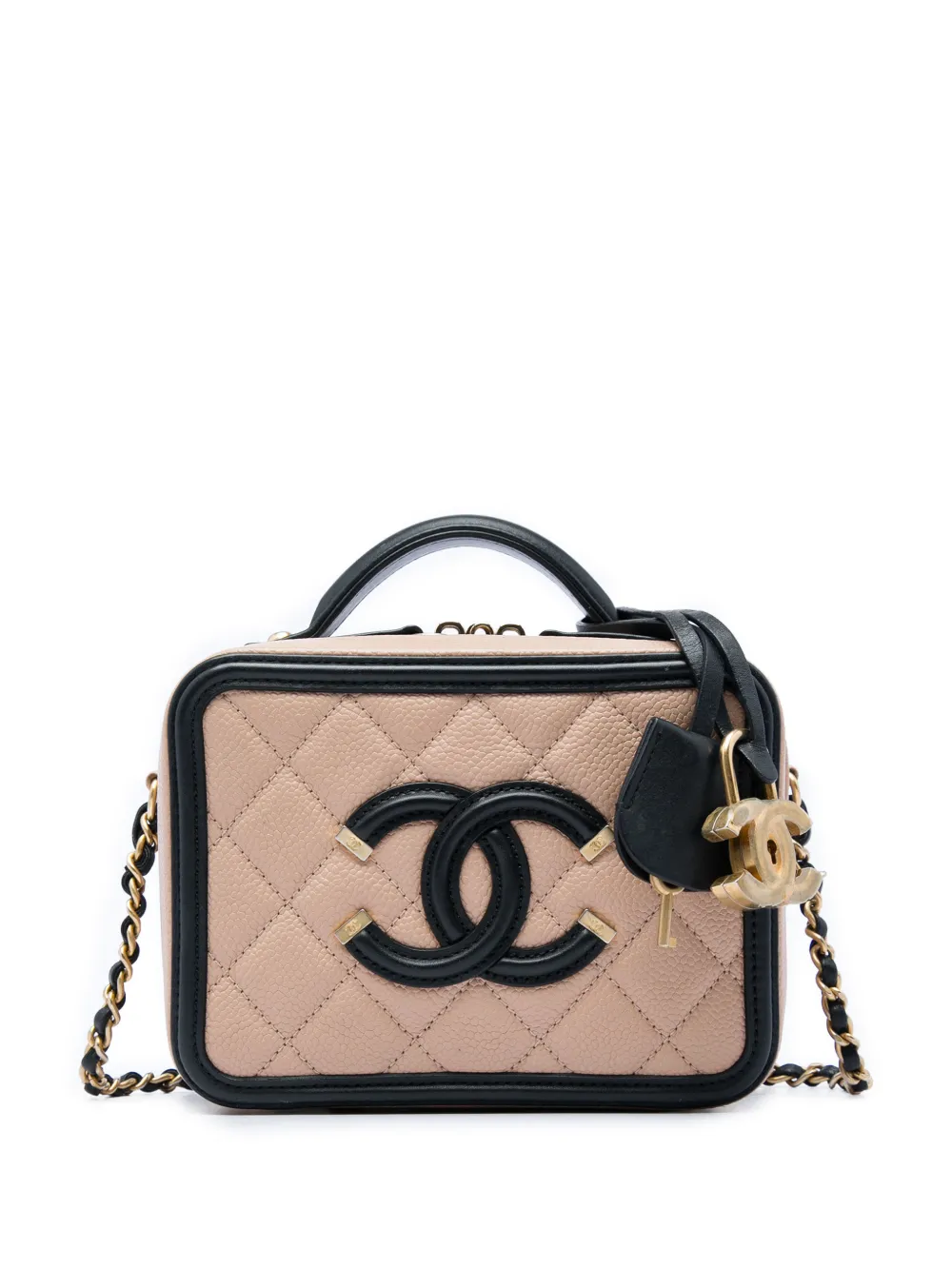 CHANEL Pre-Owned 2018-2019 kleine zweifarbige Caviar CC Filigree Kosmetiktasche - Braun