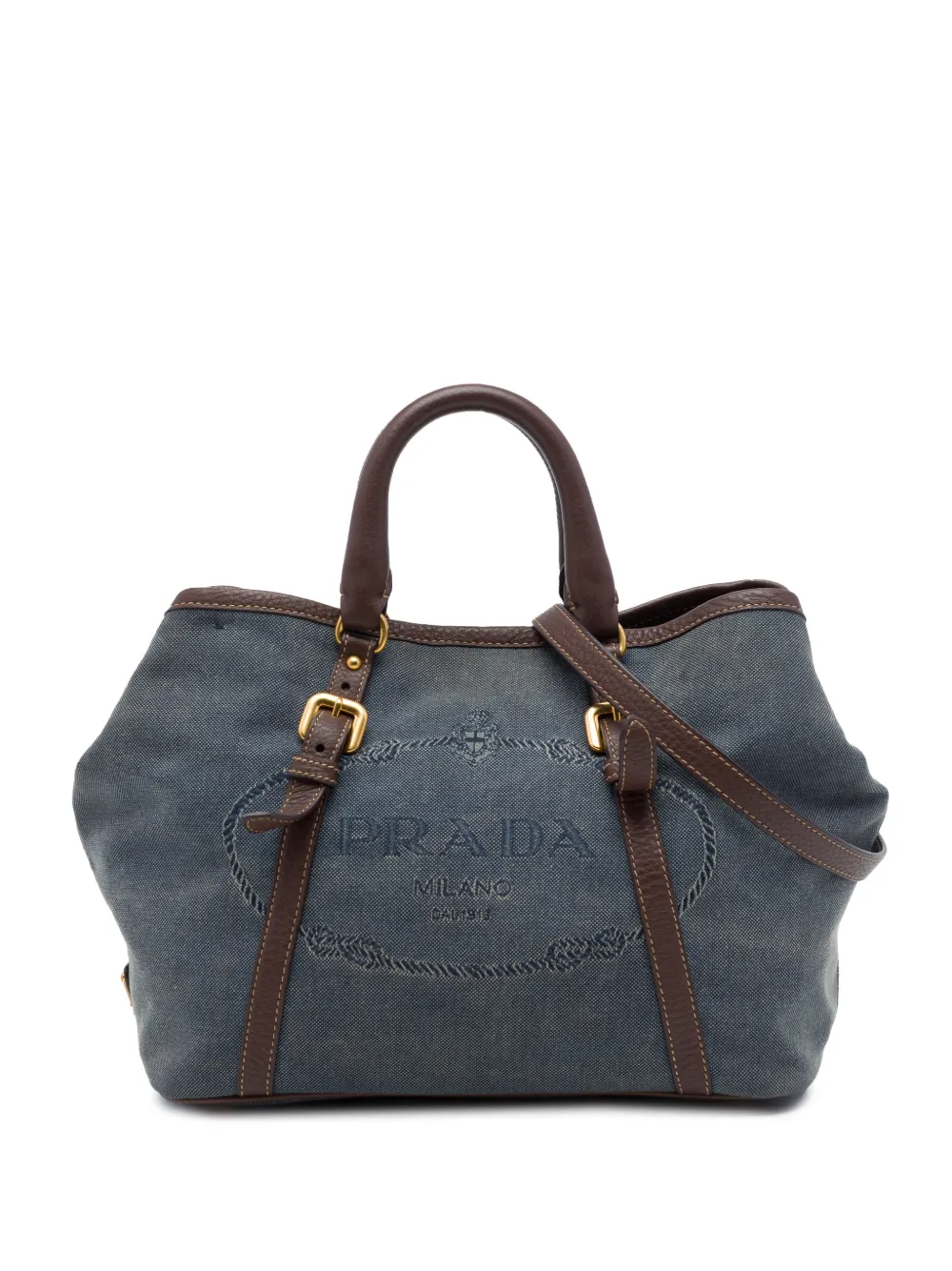 Prada Pre-Owned 2010-2026 Vitello Daino Trimmed Canvas Canapa Logo satchel - Blu