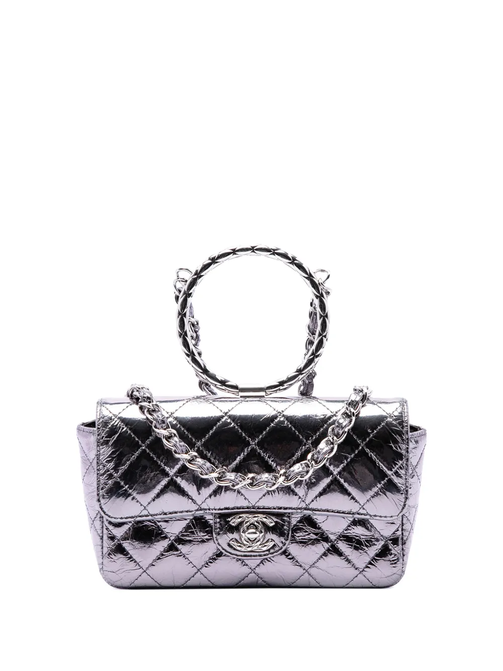 CHANEL Pre-Owned Borsa a tracolla Ring Top Handle Flap mini in pelle di vitello metallizzata con design trapuntato 2020 - Argento