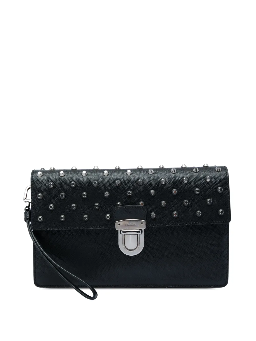 Prada Pre-Owned Clutch Push Lock in pelle Saffiano con borchie e cinturino da polso 2000-2013 - Nero