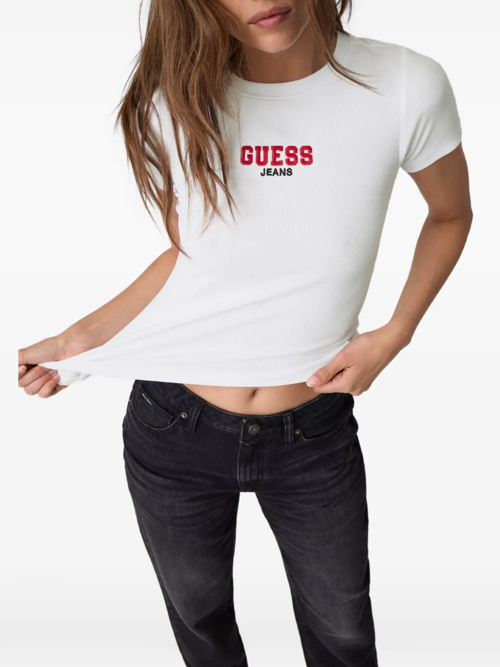 GUESS USA Geribbeld T-shirt met geborduurd logo Wit