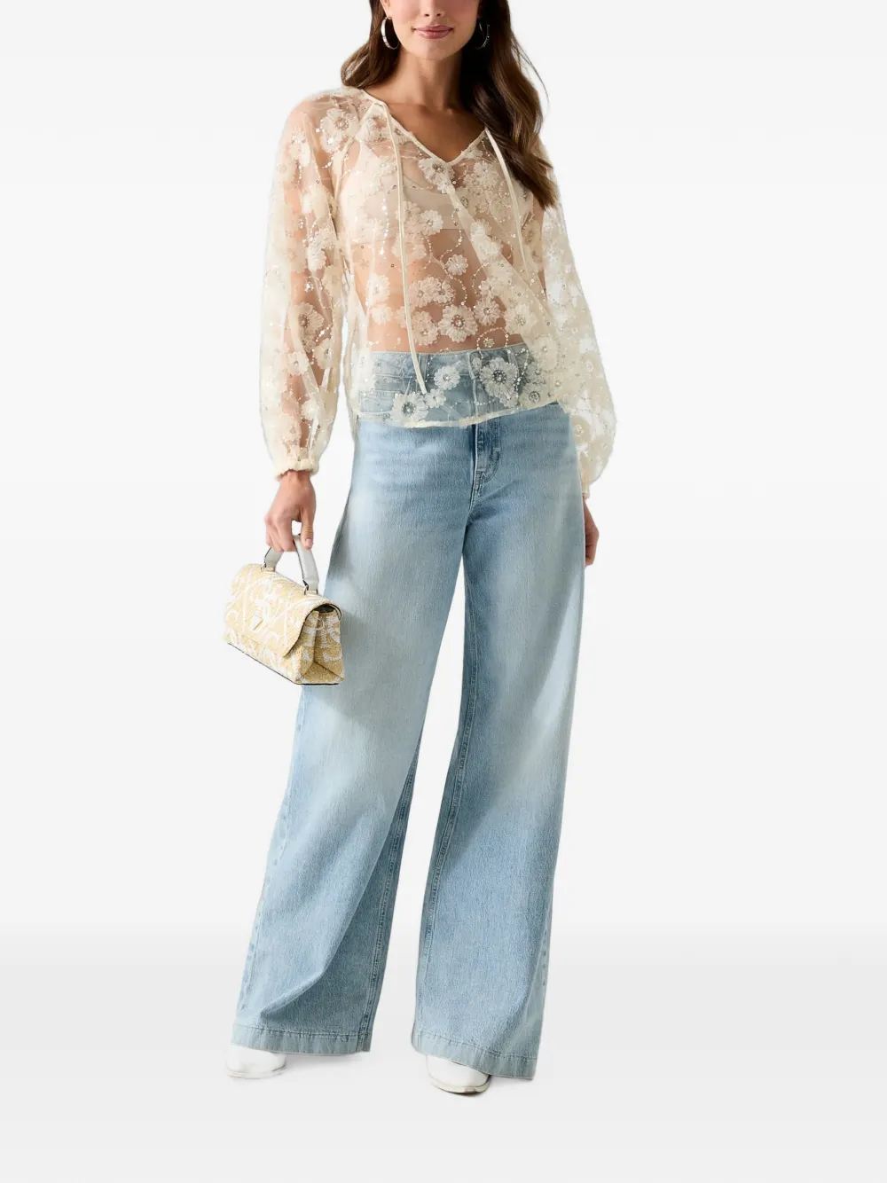 GUESS USA Blouse met geborduurde pailletten en bloemapplicatie Wit
