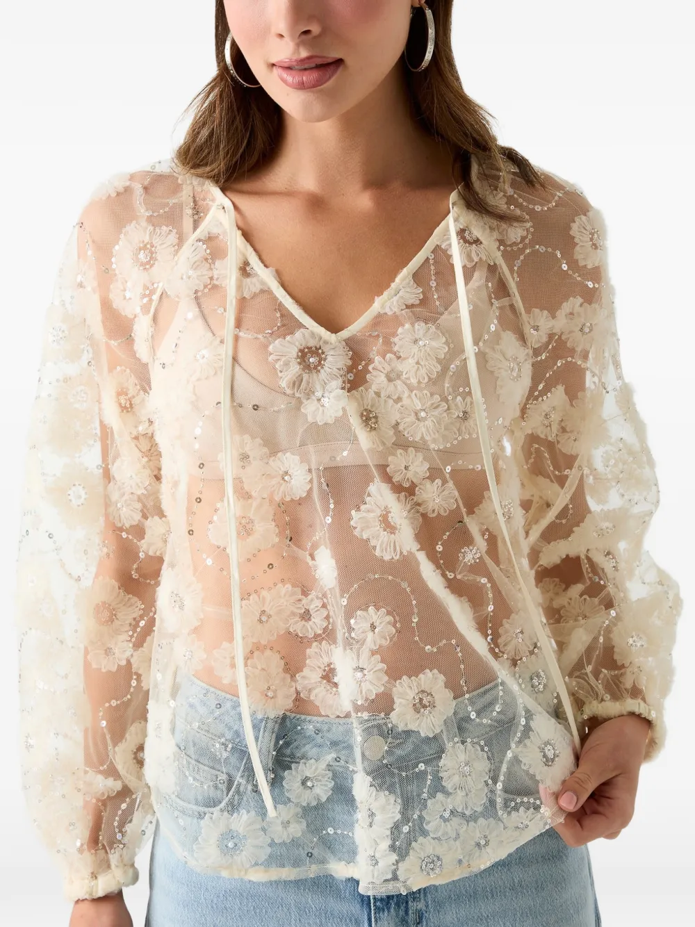 GUESS USA Blouse met geborduurde pailletten en bloemapplicatie Wit