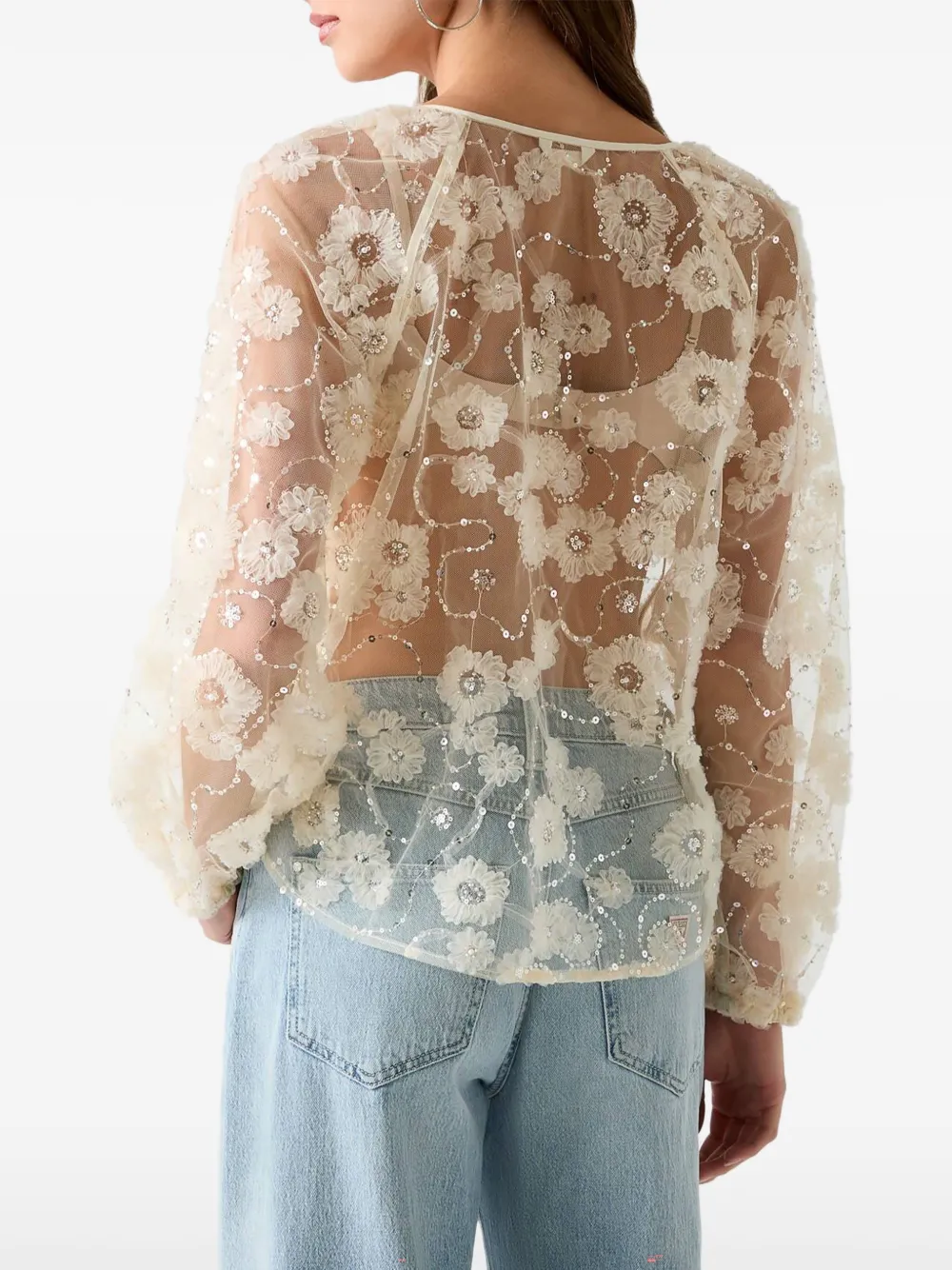 GUESS USA Blouse met geborduurde pailletten en bloemapplicatie Wit
