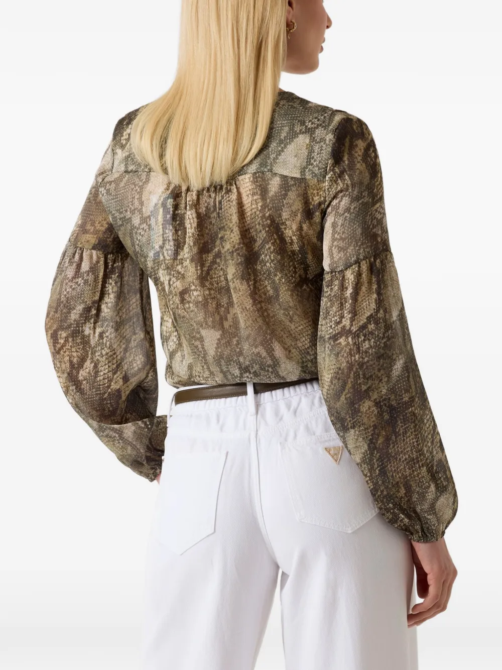 GUESS USA Blouse met slangen-print en ruches Bruin