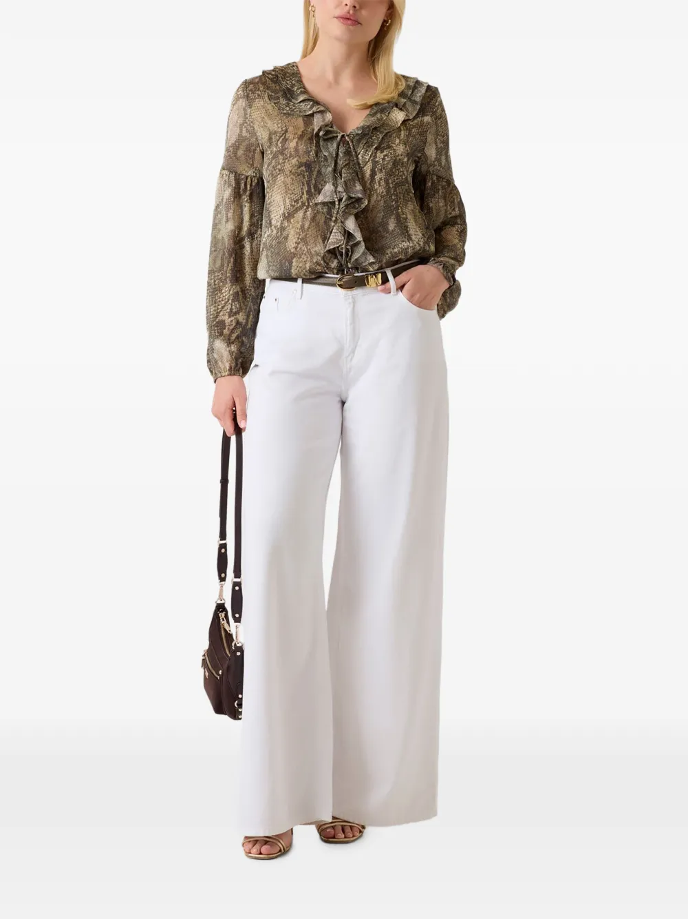 GUESS USA Blouse met slangen-print en ruches Bruin