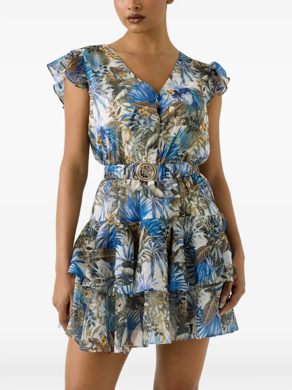 GUESS USA Gestuftes Kleid mit tropischem Print - Blau
