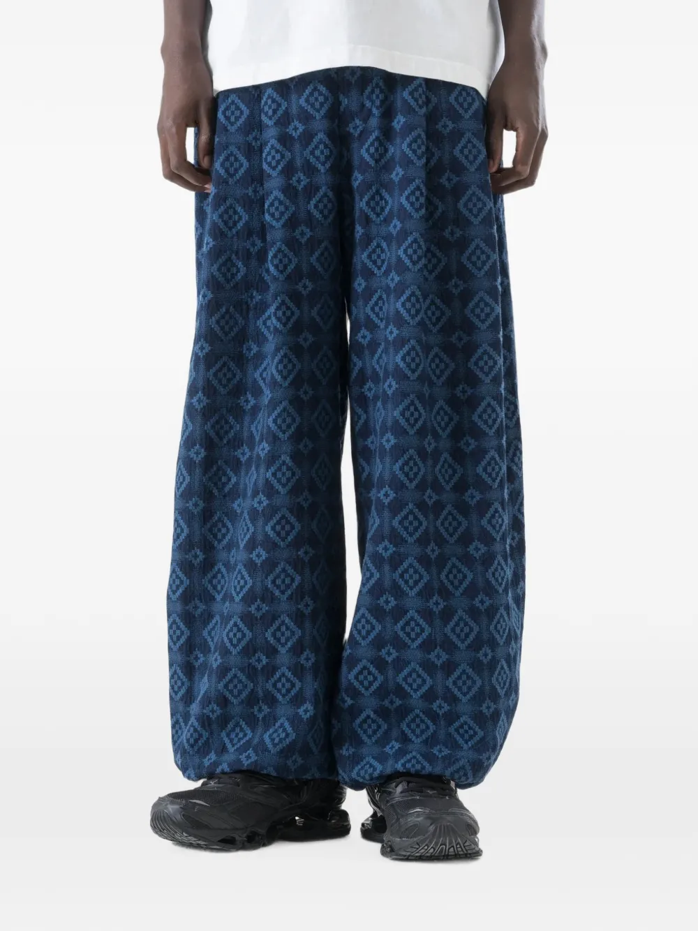 Maharishi Komon Aizome broek met trekkoord en diamantpatroon Blauw