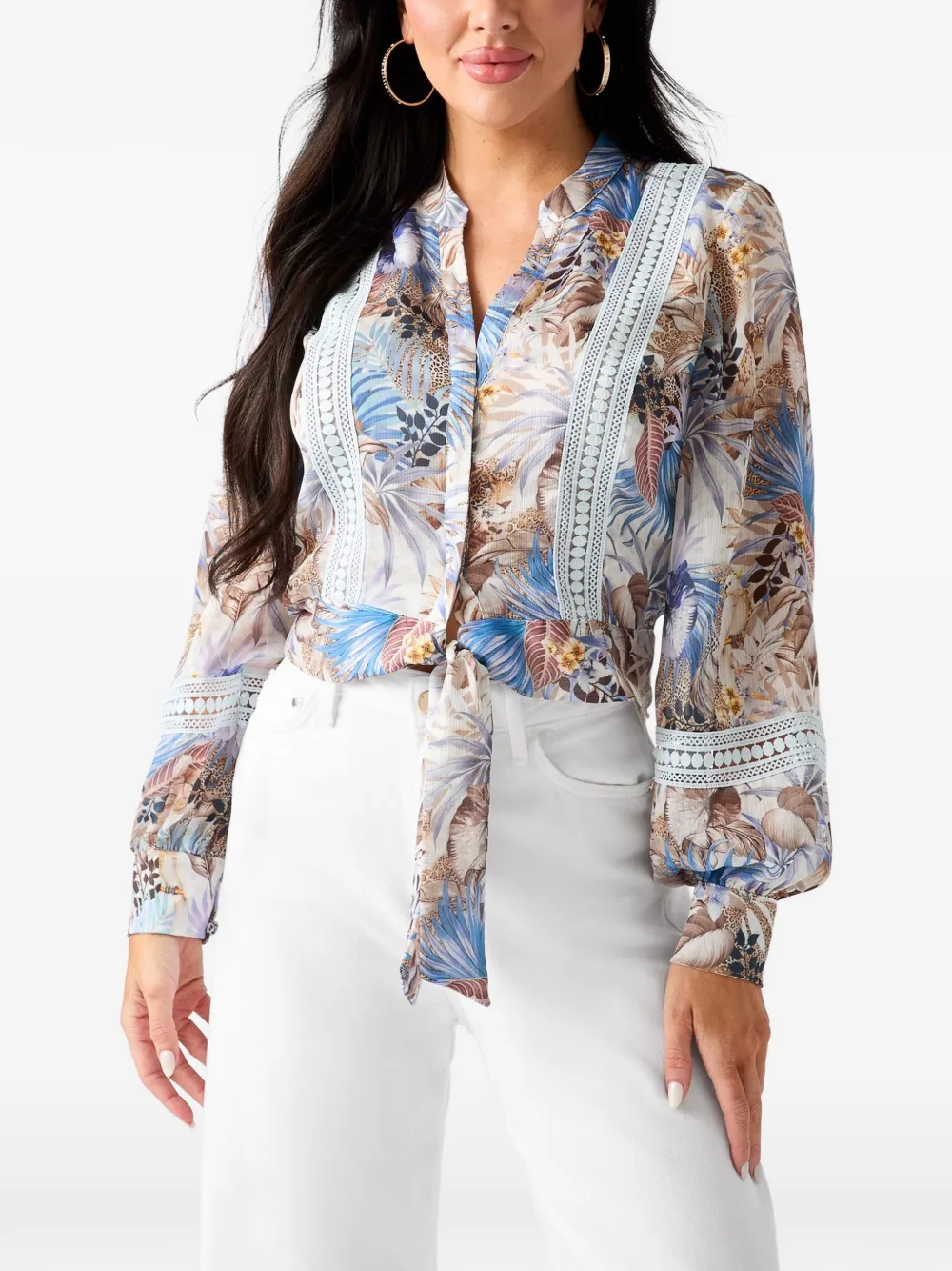 GUESS USA tropical-print tie-front top
