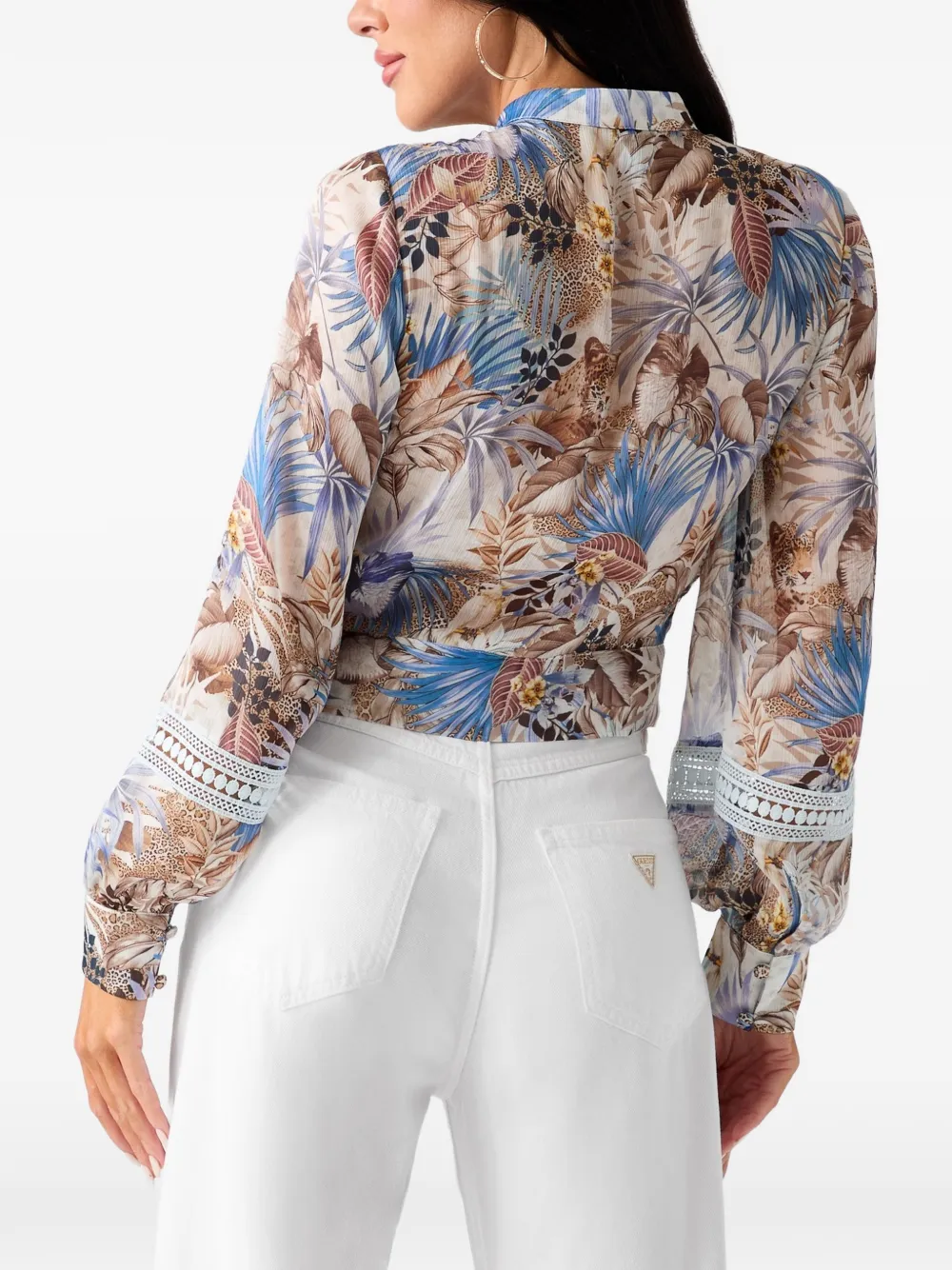 GUESS USA Top met tropische print en gestrikte voorkant Beige
