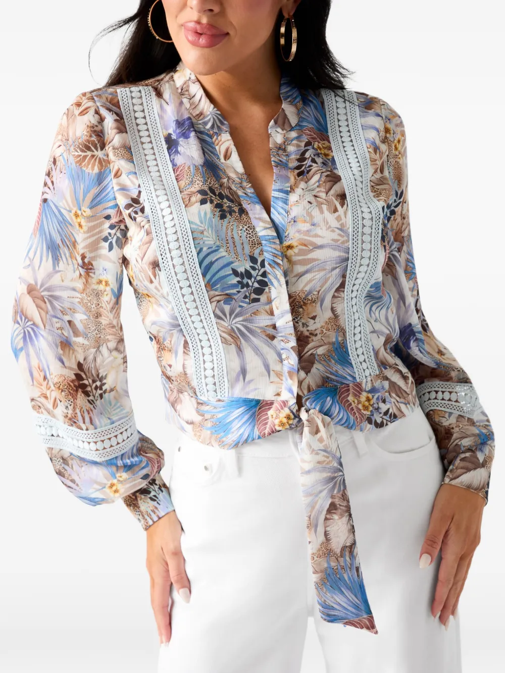 GUESS USA Top met tropische print en gestrikte voorkant Beige
