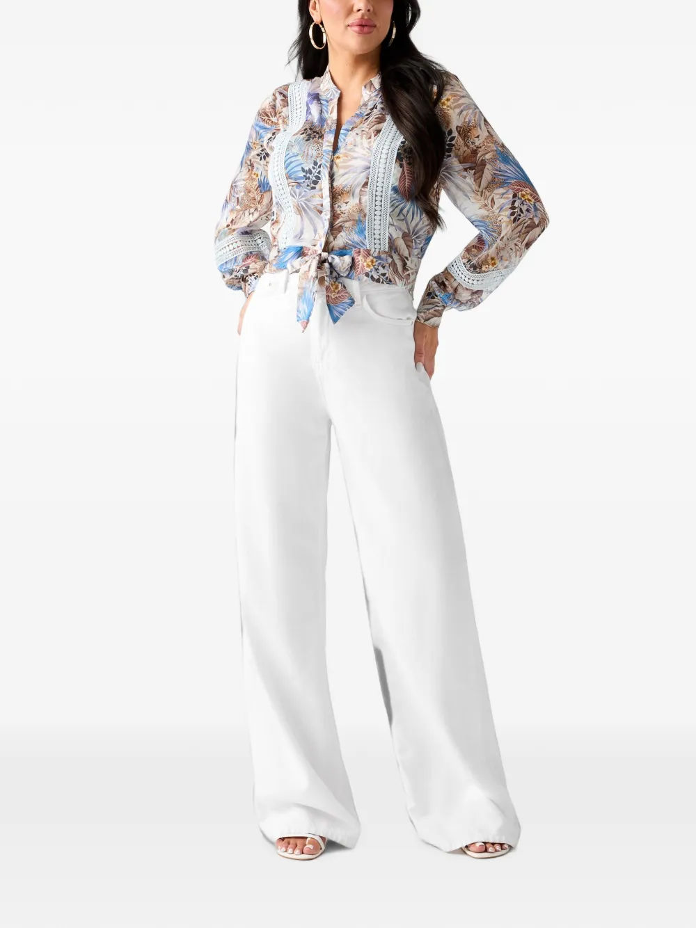 GUESS USA Top met tropische print en gestrikte voorkant Beige