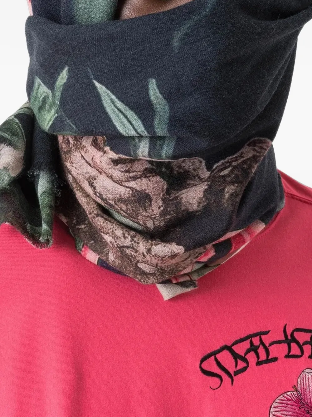 Maharishi Sjaal met bloemenprint en franje Blauw