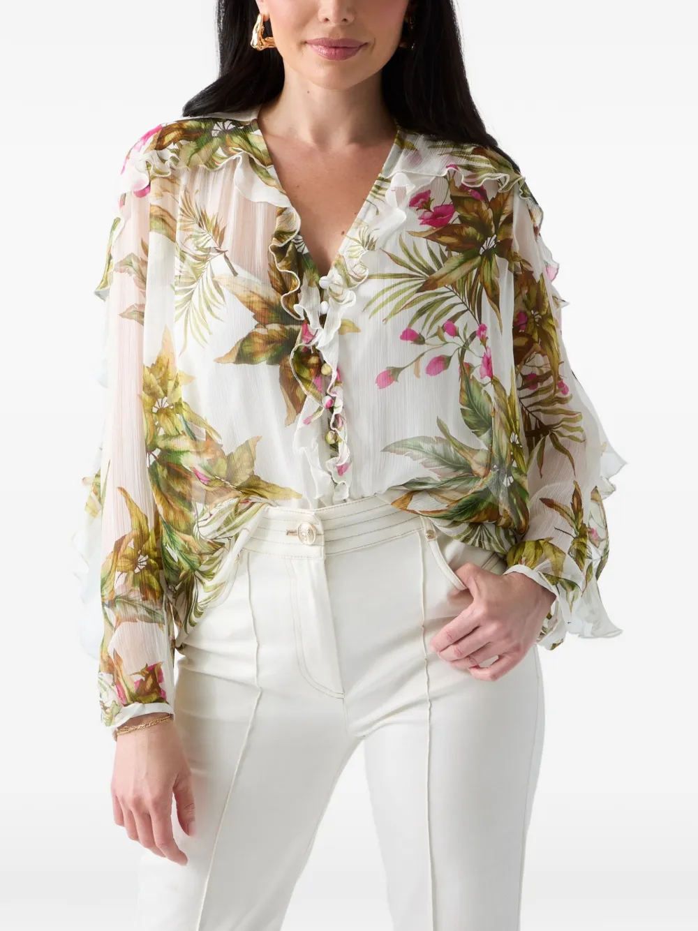 GUESS USA ruffled floral-print blouse Wit