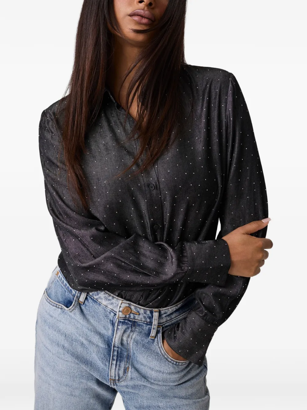 GUESS USA LS LUCIA RELAXED HOTFIX SHIRT - Nero