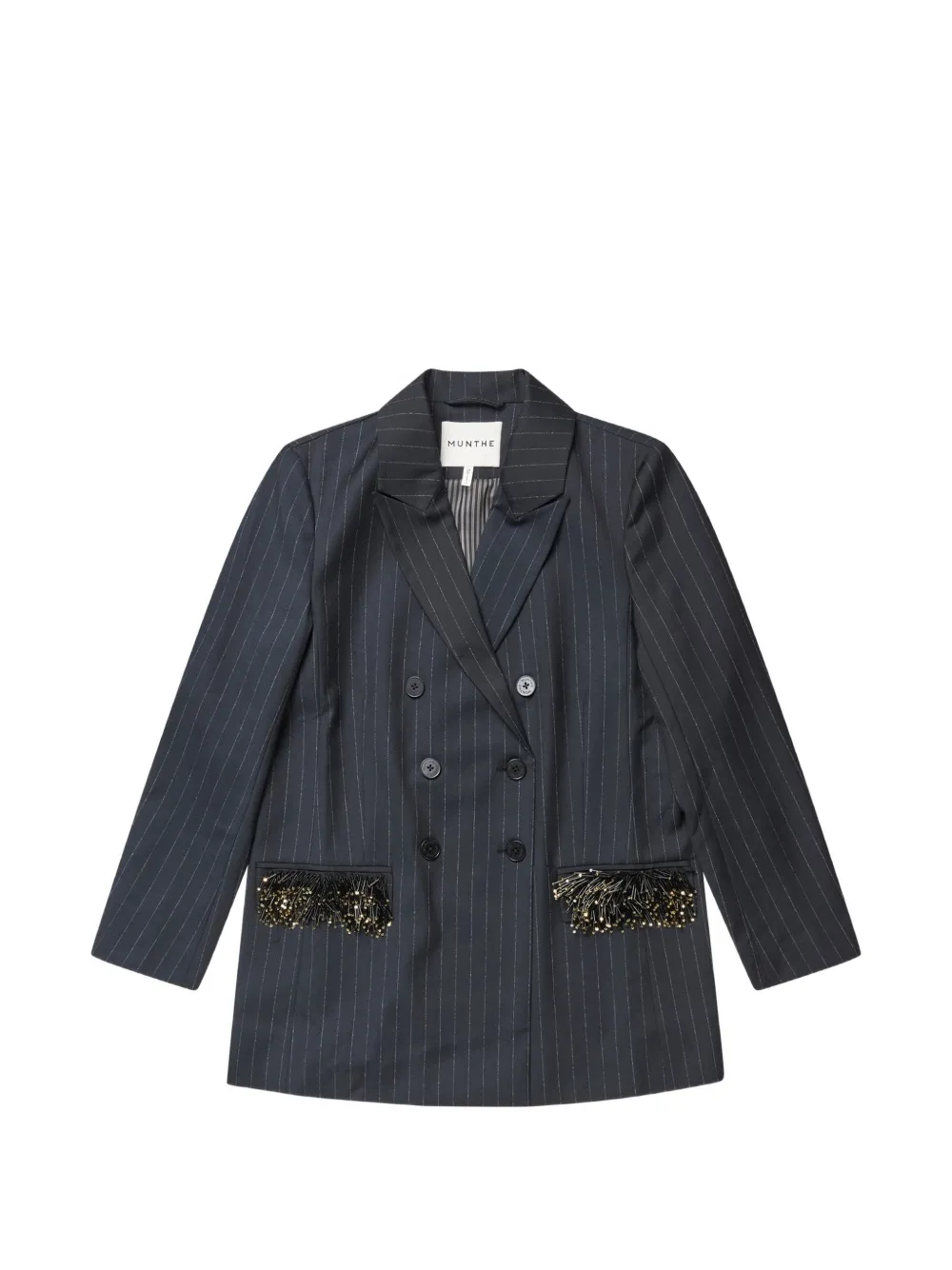 Munthe Pinstriped Beaded-fringe Coat In Black