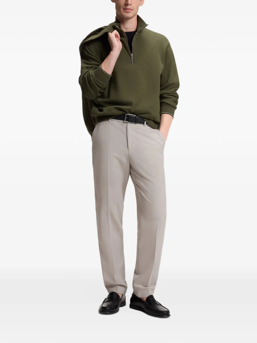 HUGO quarter-zip ribbed sweater Groen