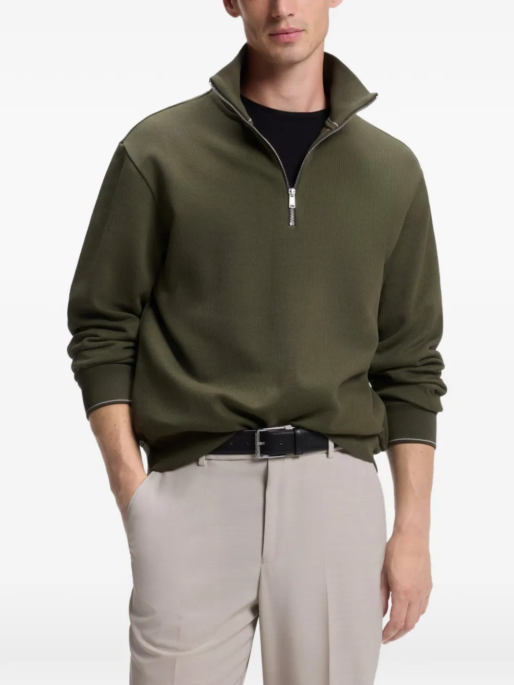 HUGO quarter-zip ribbed sweater Groen