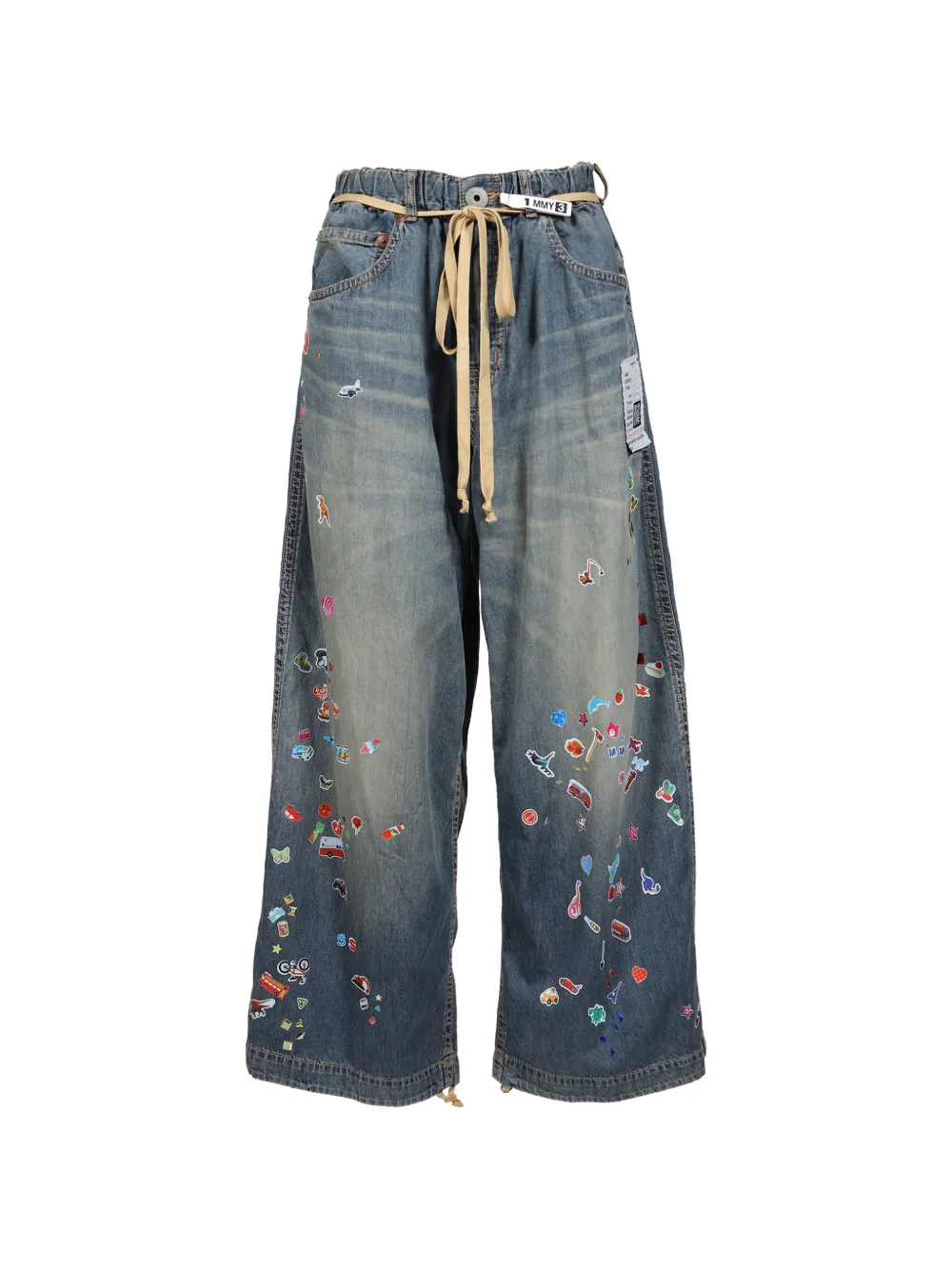 Miharayasuhiro Kids-sticker Printed Wide Denim Pants In Blue