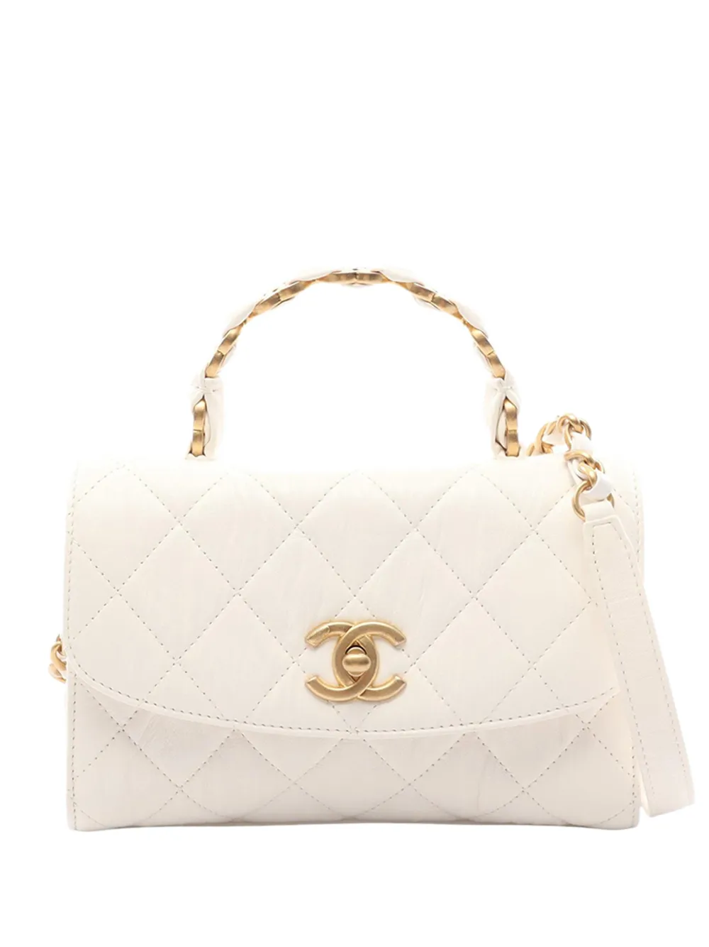 CHANEL Pre-Owned 2020 Mini Quilted Crumpled Lambskin CC Links Top Handle Flap satchel - Bianco