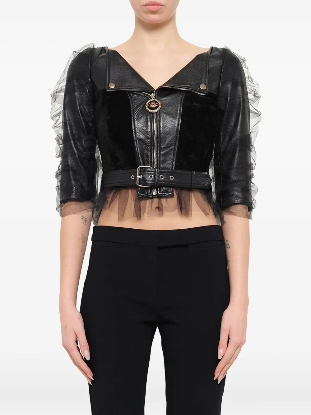 Alexander McQueen Giacca in pelle con strato in tulle - Nero