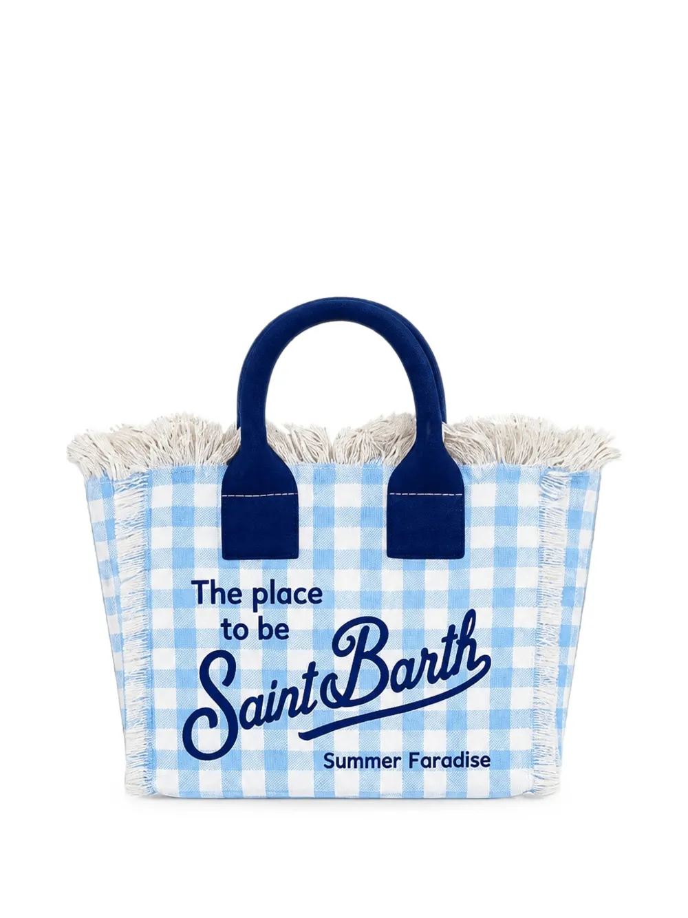 Mc2 Saint Barth Gingham Fringed Tote Mini Bag In Blue