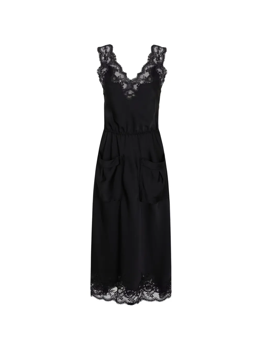 Rabanne midi dress in black silk satin with lace detailing