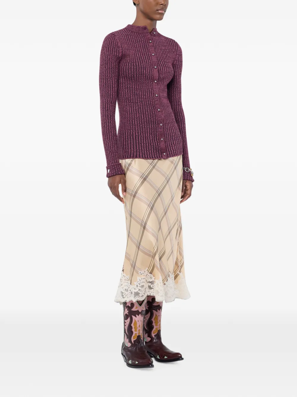 Rabanne Zijden-satijnen midi-rok met tartan-print en kanten afwerking Beige