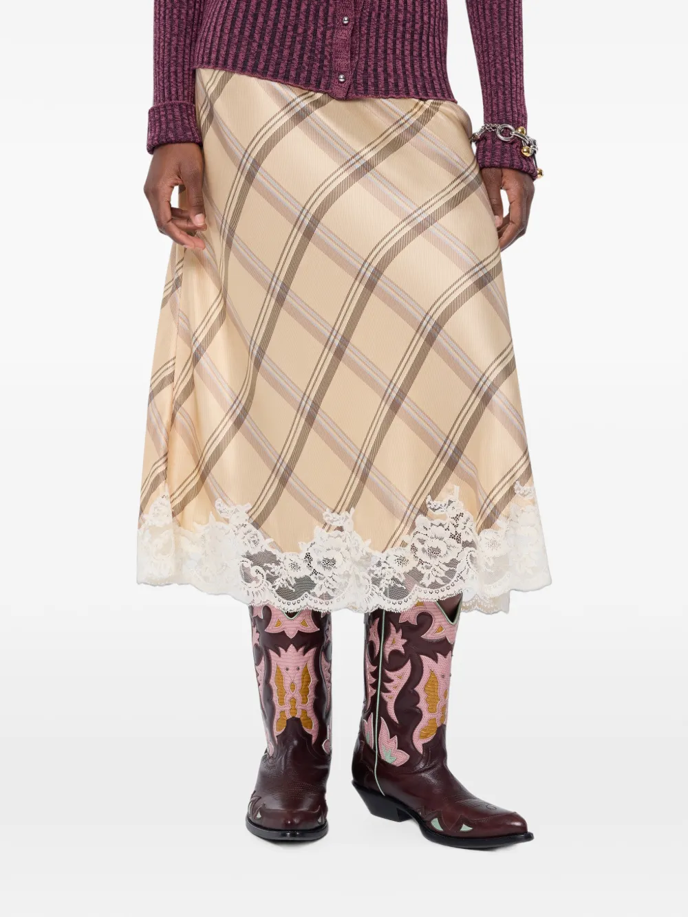 Rabanne Zijden-satijnen midi-rok met tartan-print en kanten afwerking Beige