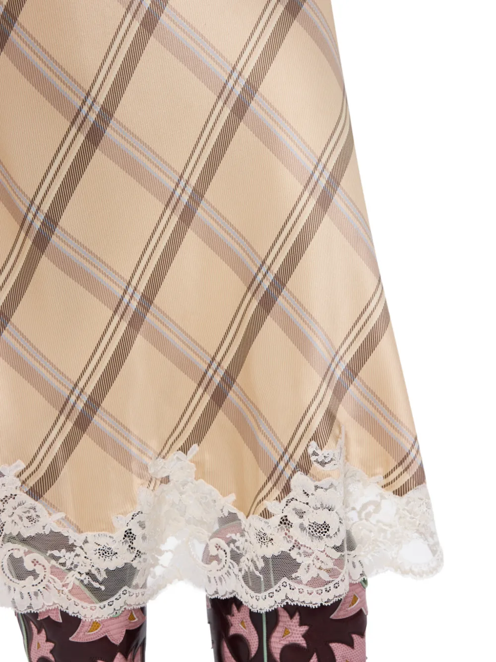 Rabanne Zijden-satijnen midi-rok met tartan-print en kanten afwerking Beige