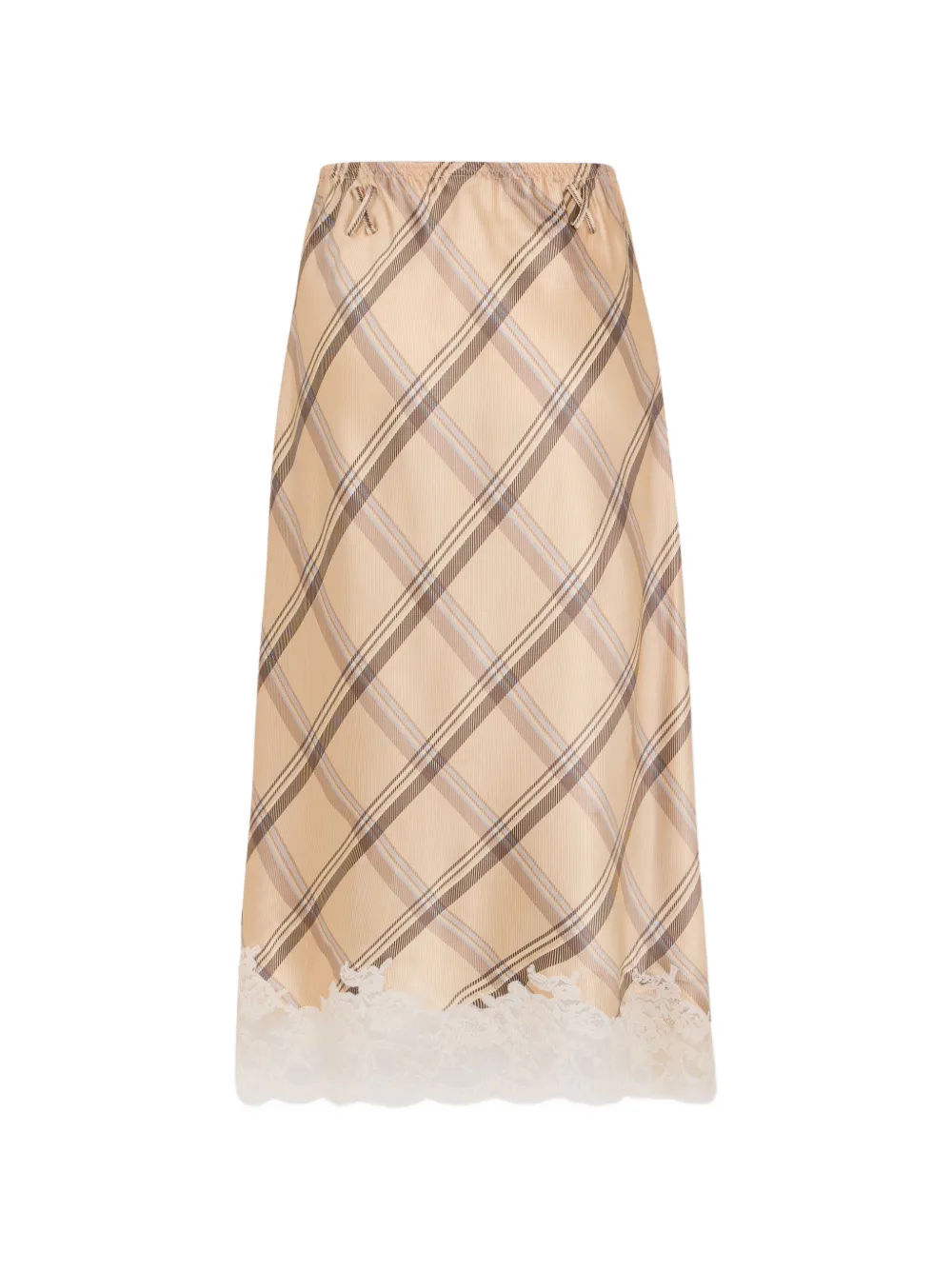 Rabanne midi skirt in beige tartan-print silk satin with lace trim