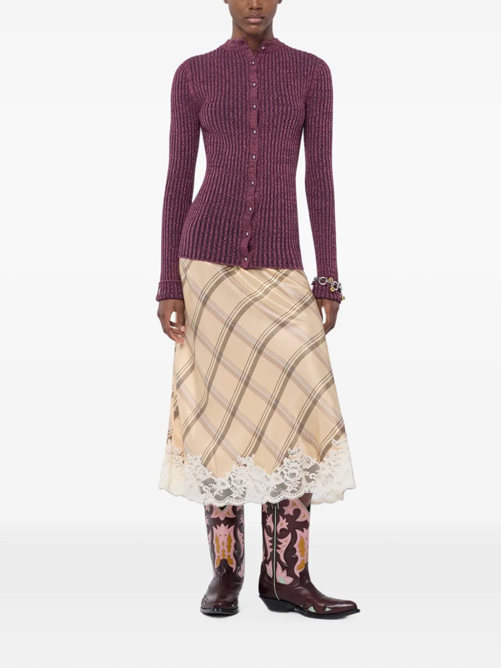 Rabanne Zijden-satijnen midi-rok met tartan-print en kanten afwerking Beige