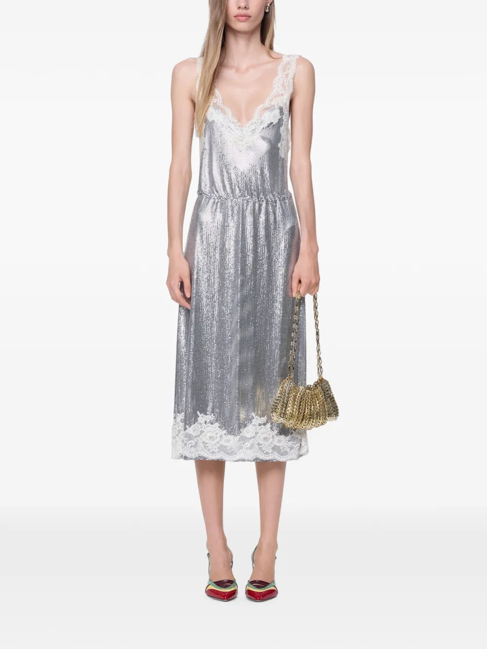 Rabanne Midikleid aus silberfarbenem Mesh und elfenbeinfarbener Spitze