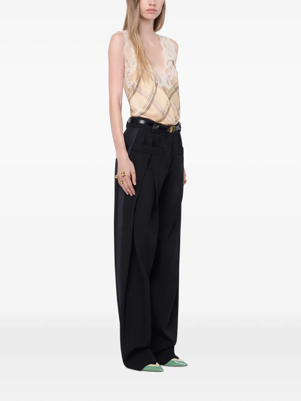Rabanne Zijden tanktop met kanten details en tartan-print Beige