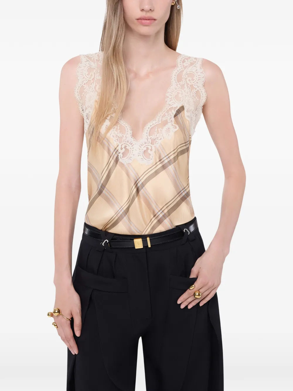 Rabanne Zijden tanktop met kanten details en tartan-print Beige
