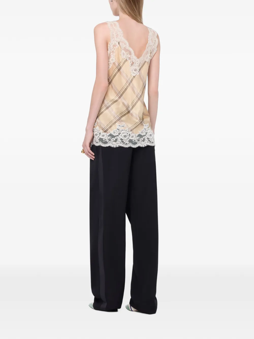 Rabanne Zijden tanktop met kanten details en tartan-print Beige