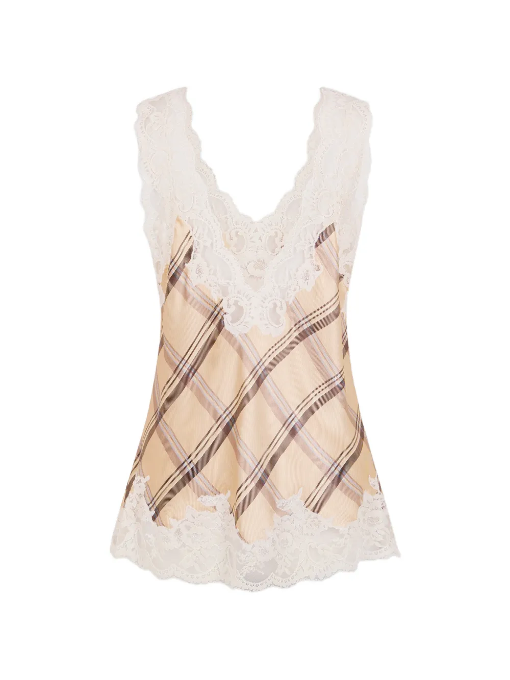 Rabanne beige tartan print silk tank top with lace detailing - Toni neutri