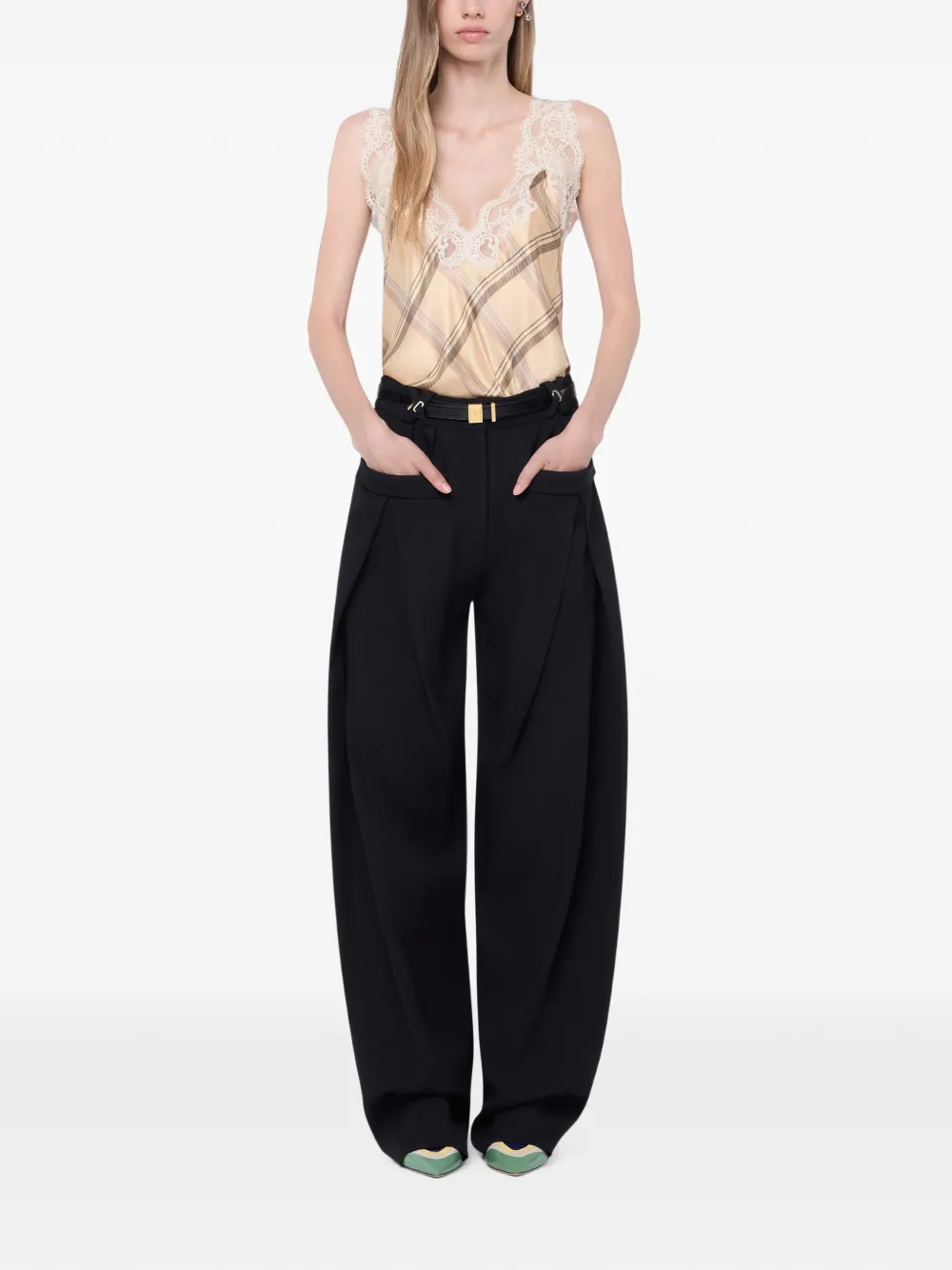 Rabanne Zijden tanktop met kanten details en tartan-print Beige
