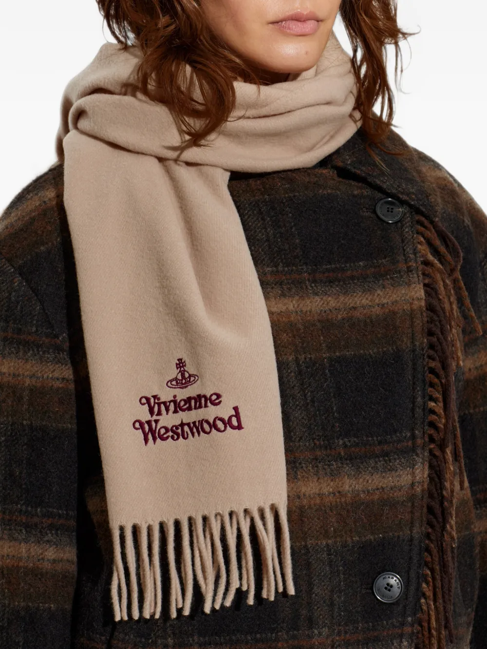 Vivienne Westwood Sjaal met borduursel franje en logo Beige