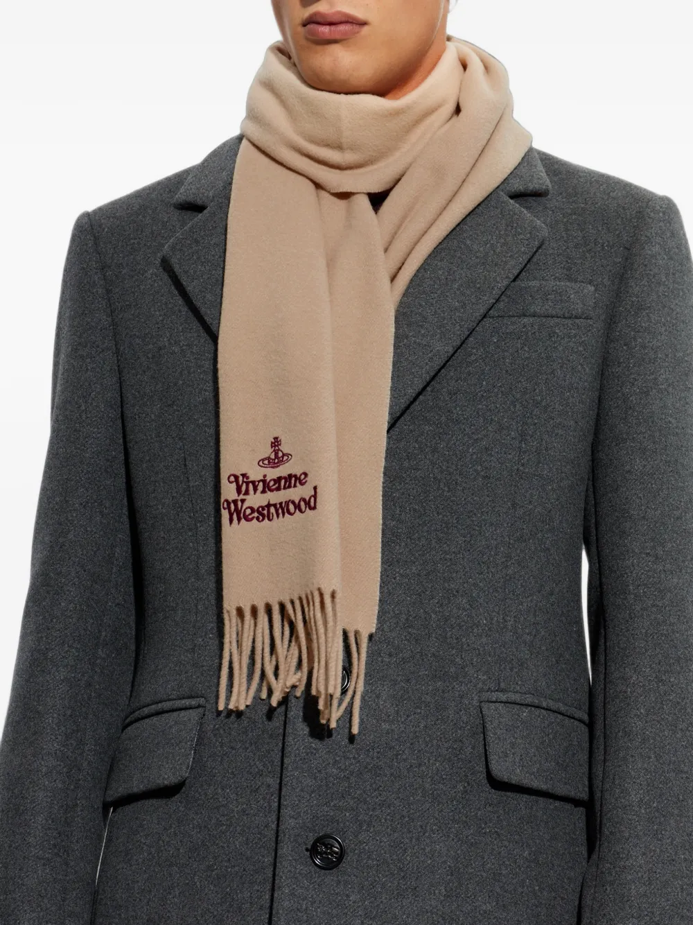 Vivienne Westwood Sjaal met borduursel franje en logo Beige