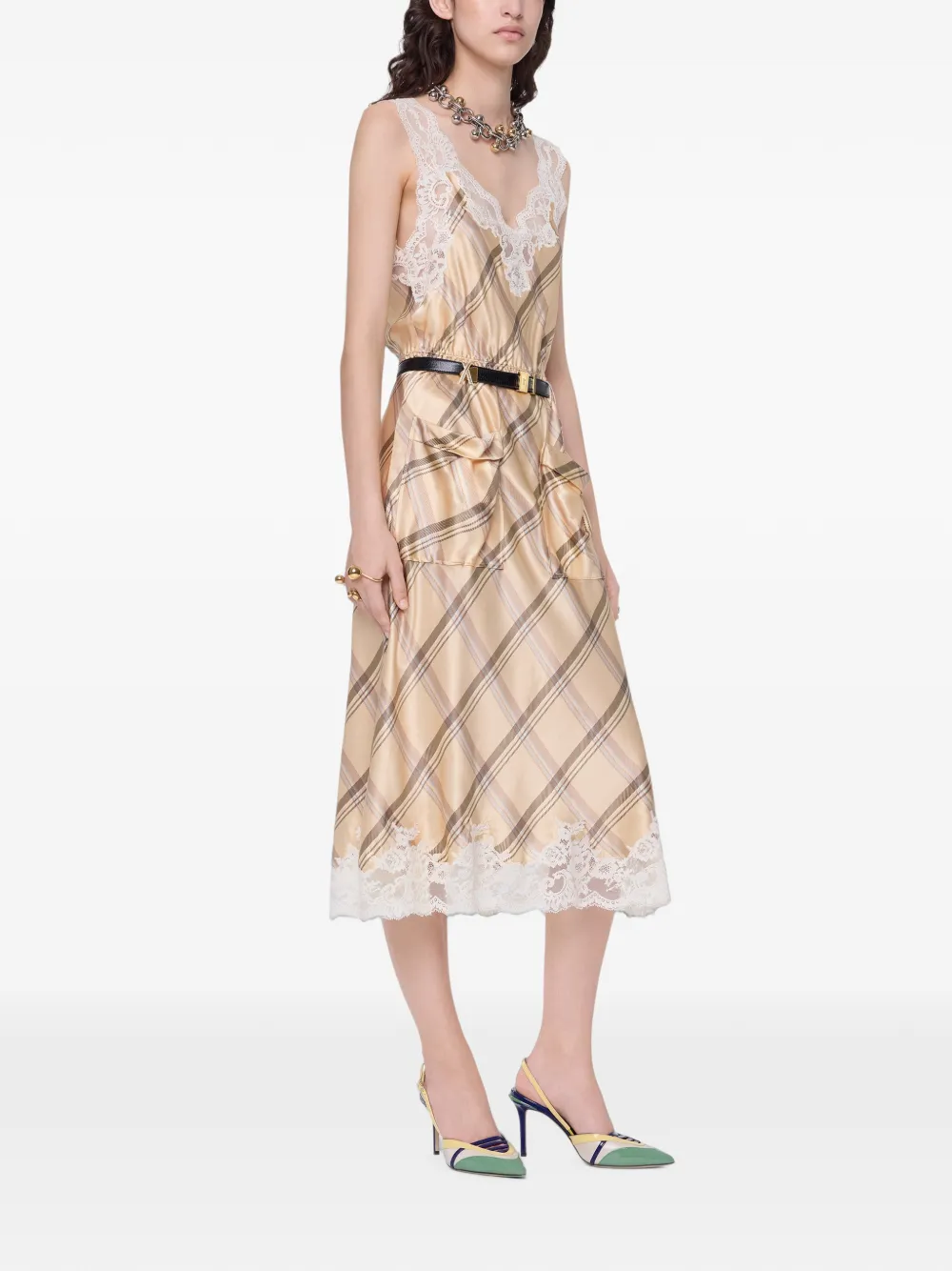 Rabanne Zijde-satijnen midi-jurk met kanten details en tartan-print Beige