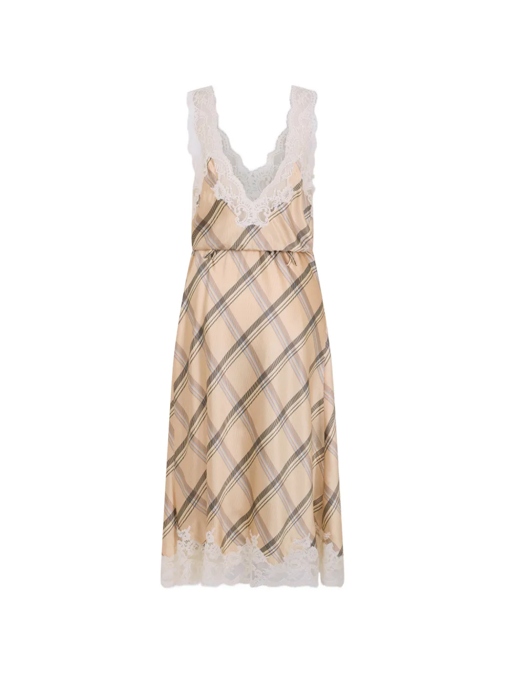 Rabanne midi dress in beige tartan print silk satin with lace detailing
