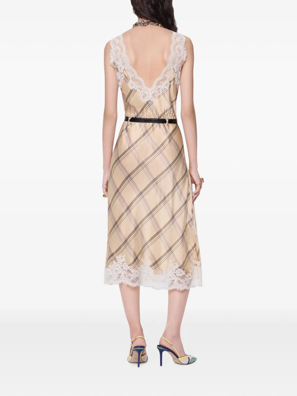 Rabanne Zijde-satijnen midi-jurk met kanten details en tartan-print Beige