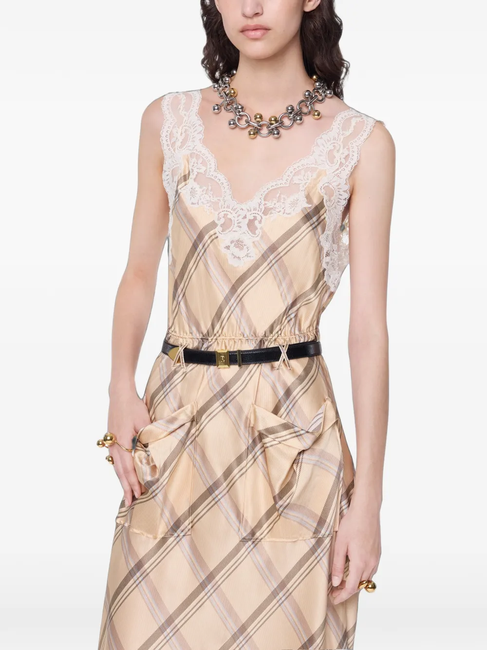 Rabanne Zijde-satijnen midi-jurk met kanten details en tartan-print Beige