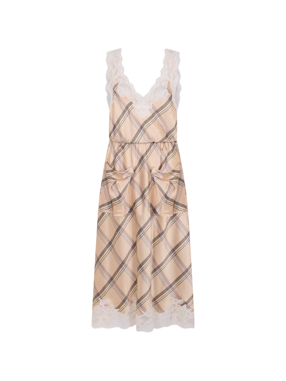 Rabanne robe mi-longue en satin de soie à imprimé tartan beige avec détails en dentelle - Tons neutres Rabanne robe mi-longue en satin de soie à imprimé tartan beige avec détails en dentelle - Tons neutres